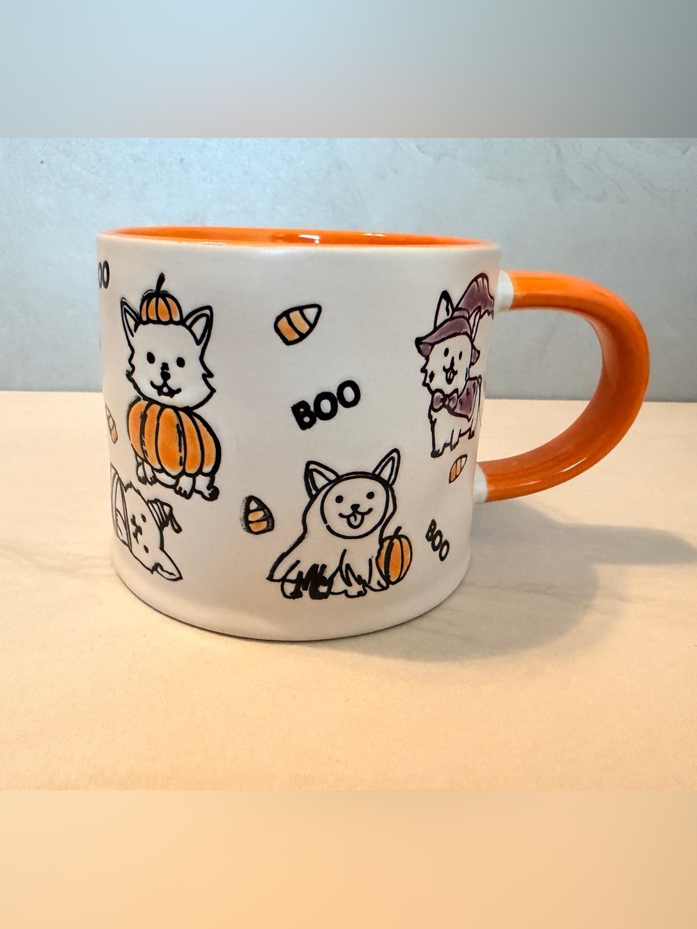 Halloween Coffee Mug Eli And Ana Hand painted Tricky Treat Dog White & Orange